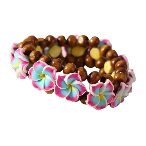 Pingyongchang Boho Hawaiian Plumeria Rubra Bracelets for Women Handmade Colorful Tropical Flower Wooden Beads Stretch Bracelet Summer Beach Holiday Jewelry Gifts - color: Pink Blue
