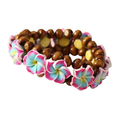 Pingyongchang Boho Hawaiian Plumeria Rubra Bracelets for Women Handmade Colorful Tropical Flower Wooden Beads Stretch Bracelet Summer Beach Holiday Jewelry Gifts - color: Pink Blue
