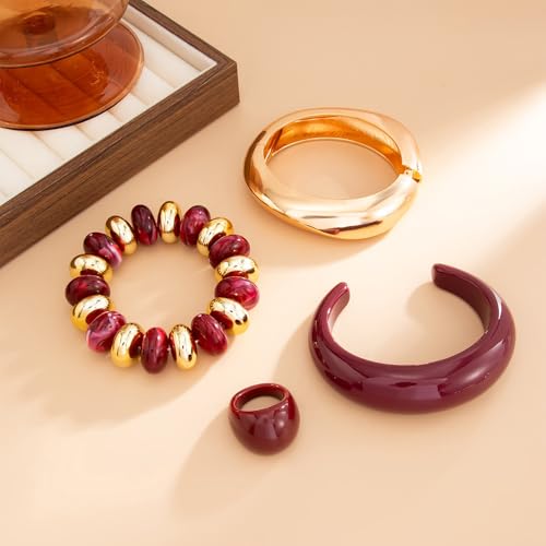 Chunky Gold Acrylic Bangle Bracelets for Women Chunky Resin Beaded Bracelets 14K Gold Plated Bangle Stack Statement Cuff Jewelry Gift - color: RED Bracelet