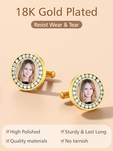 FindChic Stainless Steel Round Cufflinks with Custom Text/Picture/Monogram Letters 18K Gold Plated/Black Color for Men Groom Suits Shirts, with Gift Box - style: 02. CZ custom photo-round (gold plated)