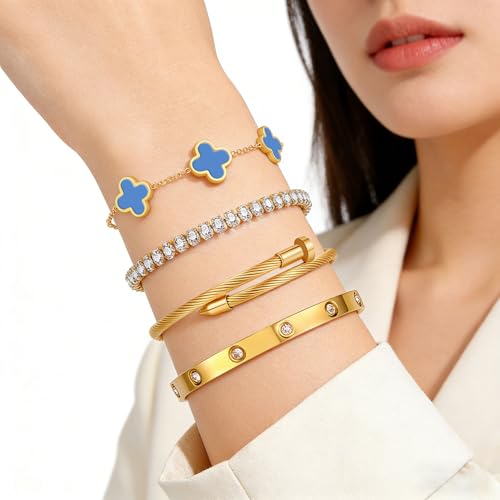 Gold Bracelets for Women, 18K Gold Plated Women Tennis Bracelets Clover Nail Love Bangle Bracelet Set, Gold Bracelet Stackable Set Trendy Jewelry, Gifts for Women's Day and Mother's Day - color: 13-Color- 4 Blue