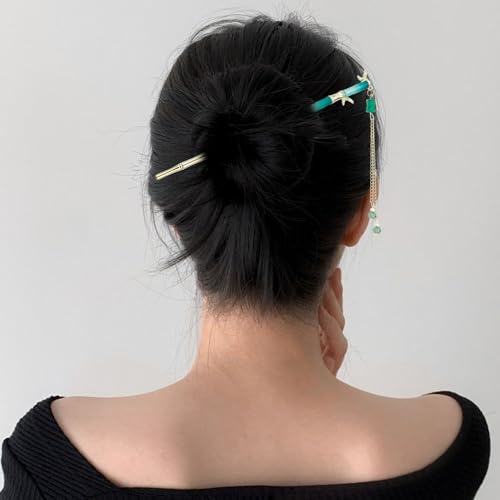 6PCS Chinese Hair Sticks Set, Gold White Japanese Hair Stick with Pearl Flower Bamboo Leaves Design Metal Hair Chopsticks Hair Bun Updo Holders Long Thick Hair Accessories for Women - color: 6pcs Green