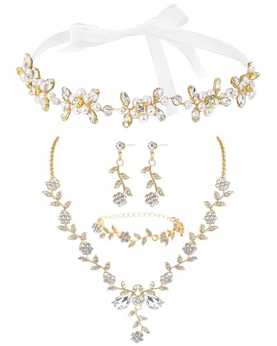 Unittype 4 Pcs Women's Wedding Prom Jewelry Set Leaf Cluster Flower Crystal Dangle Earrings Bracelet Pendant Necklace Pearl Headpiece for Bridal Bridesmaid Weddings Engagements Birthday Party - color: gold