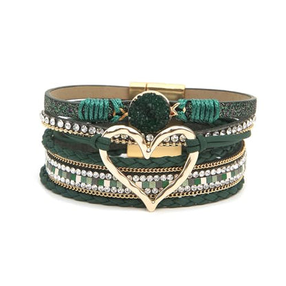 Fuqimanman2020 Heart Leather Wrap Bracelets Boho Stackable Cuff Bangles Resin Stone Rhinestone Bracelets with Clasp Christmas Jewelry Gift for Women - color: Deep Green