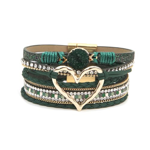 Fuqimanman2020 Heart Leather Wrap Bracelets Boho Stackable Cuff Bangles Resin Stone Rhinestone Bracelets with Clasp Christmas Jewelry Gift for Women - color: Deep Green