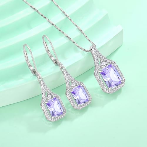 Created Gemstone Necklace 925 Sterling Silver Halo Rectangular Pendant Birthstone Necklaces Jewelry Gifts for Women - color: 06 June - Alexandrite