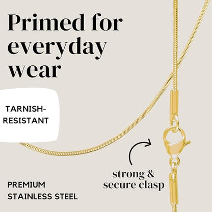 KISPER Gold Snake Chain Necklace for Women 24K Plated Stainless Steel Thin | 0.9mm, 14-30 inches, non-tarnish, waterproof, hypoallergenic, nickel-free, lobster clasp
