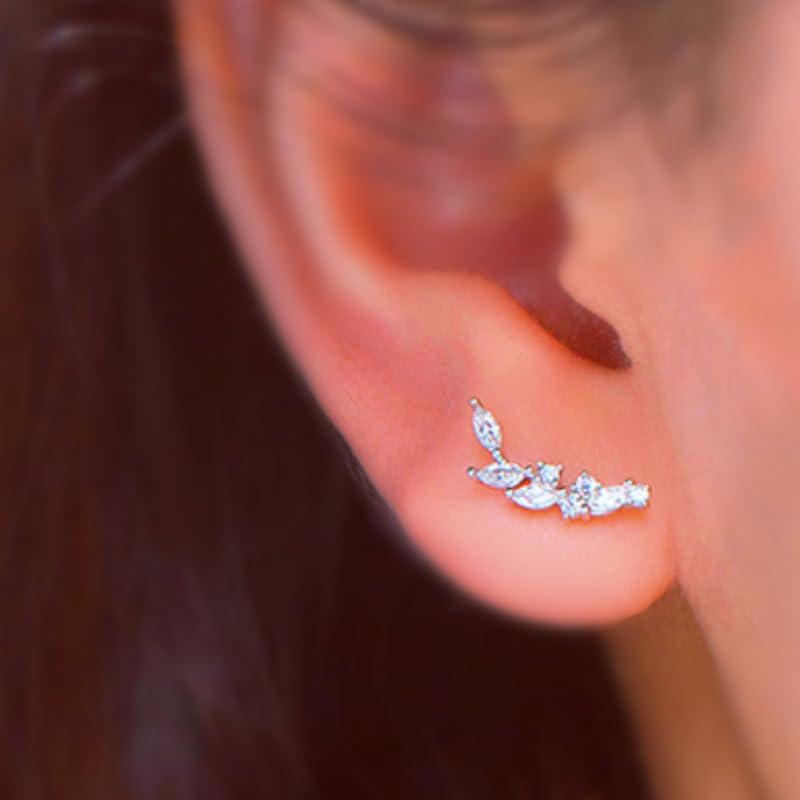925 Sterling Silver Leaf Helix Earring Stud for Right Ear, Gold Plated Pure Silver Leaf Climber Cartilage Earring, Cartilage Piercing Jewelry, 1Pc