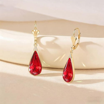 Teardrop Austrian Crystal Leverback Dangle Drop Earrings for Women | 14K Gold Plated,Classic Teardrop Elegance,Leverback for Easy Secure Wear,Gift Box Included, Brighten Up Daily and Party Looks - color: Red