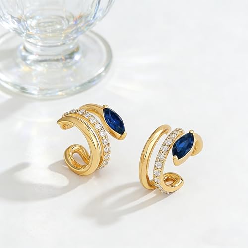 Bemoly Ear Cuff Earrings for Women 14K Gold Plated Cubic Zirconia Dangle Huggie Ear Cuffs Non Piercing | Clip On Cartilage - style: Blue Split Trio