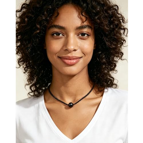 Single Pearl Choker Pendant Necklaces for Women, Natural Gemstone Womens Black Stone Beaded Choker Necklace, Dainty Round Freshwater Pearl Handmade Jewelry Gift Women Birthday Bridesmaids Anniversary 16 18 inch - color: 03-black, size: 18"