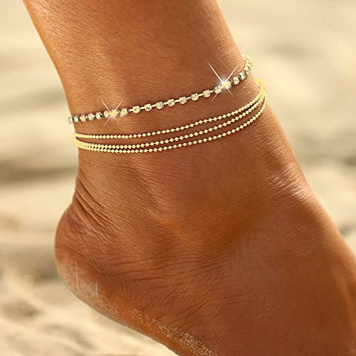14K Gold Plated Layered Satellite Beads Heart Anklets Layering Rhinestone Cubic Zirconia Ankle Bracelets for Women Minimalist Summer Beach Foot Chain Ankle Jewelry for Her - style: 4 Layered Tennis -GD