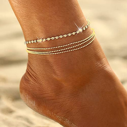 14K Gold Plated Layered Satellite Beads Heart Anklets Layering Rhinestone Cubic Zirconia Ankle Bracelets for Women Minimalist Summer Beach Foot Chain Ankle Jewelry for Her - style: 4 Layered Tennis -GD