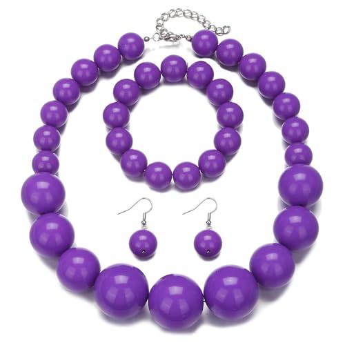Colorful Round Beaded Earrings Neacklace Set Retro Imitation Pearls Beaded Bracelet Geometric Acrylic Beads Dangle Earrings 70s 80s Exaggerated Necklace Bracelet Jewelry - color: Purple