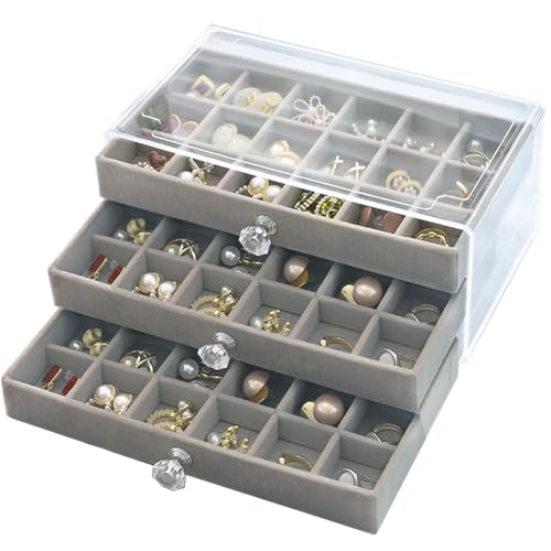 SPAKOWN Earring Box Holder Organizer Display Case, Clear Velvet Jewelry Storage Tray Organizer for Earring Ring Stud (Grey - 3 Drawers) - color: Grey, size: 3 Drawers