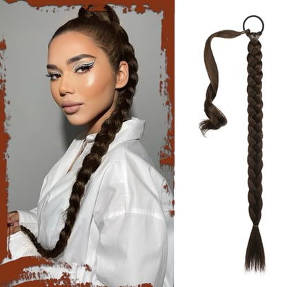 Braid Pony Tail Fluffy Natural Soft Long Braid Ponytail Extension with Hair Tie Straight Sleek Wrap Around Hair Extensions Synthetic Hairpieces for Women Daily Wear - color: Brown, size: 26 Inch (Pack of 1)