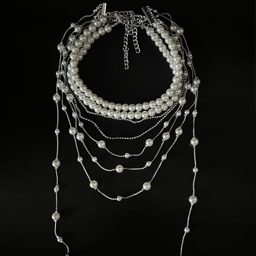 Layered Pearl Choker Necklace for Women Long Pearl Tassel Necklaces Multi Strand Pearl Necklaces Faux Pearl Necklace Wedding Jewelry - color: White
