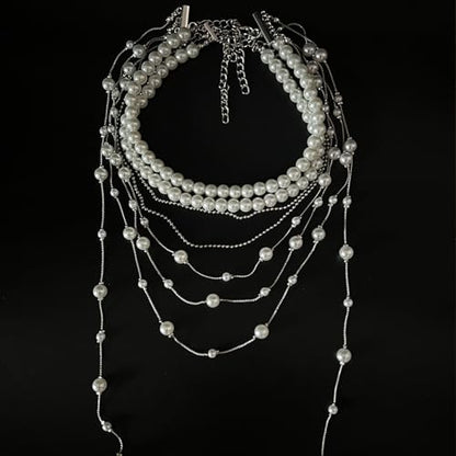 Layered Pearl Choker Necklace for Women Long Pearl Tassel Necklaces Multi Strand Pearl Necklaces Faux Pearl Necklace Wedding Jewelry - color: White