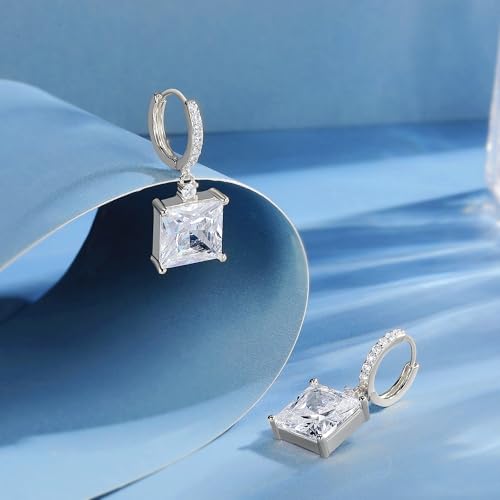 2-4 Pairs Dangle Drop Earrings for Women, 18K Gold Plated Cubic Zirconia Drop Dangle Huggie Hoop Earrings CZ Teardrop Hypoallergenic Jewelry - color: White-2 Pairs-Square//Oval