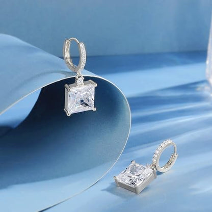 2-4 Pairs Dangle Drop Earrings for Women, 18K Gold Plated Cubic Zirconia Drop Dangle Huggie Hoop Earrings CZ Teardrop Hypoallergenic Jewelry - color: White-2 Pairs-Square//Oval