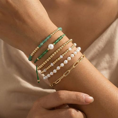 5Pcs Stack Gold Plated Ball Beaded Bracelets Set for Women, Boho Handmade Colorful Glass Pearl Stretch Accessories Jewelry, Summer Beach Daily Wear Holiday Friendship Gift - color: Green Gold