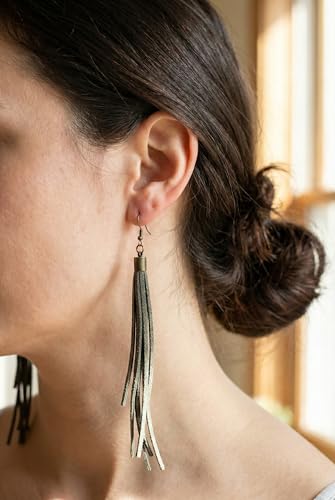 Handmade Genuine Leather Earrings for Women – Long Teardrop Boho Dangles, Lightweight Statement Fashion Jewelry - style: Springs-Grayish Green