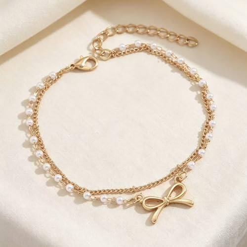 Frodete Bow Anklet for Women Layered Faux Pearl Ankle Bracelet Adjustable Summer Beach Foot Jewelry Gift Accessory