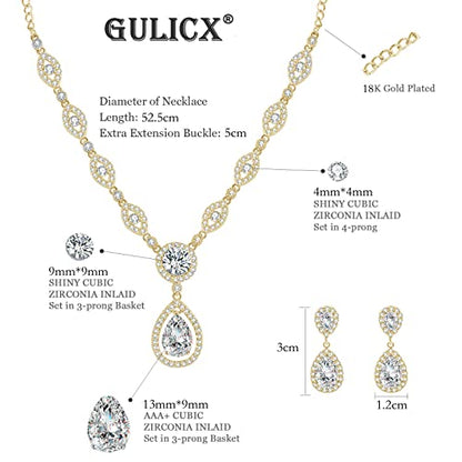 GULICX AAA Cubic Zirconia CZ Silver Plated Base Women's Party Jewelry Set Earrings Pendant Necklace - color: gold plated