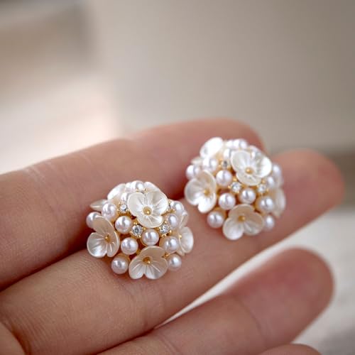 Clip-On Earrings for Womem Flower Faux Pearl Non Piercing Earrings Jewelry - color: Pearl and Flower Cluster