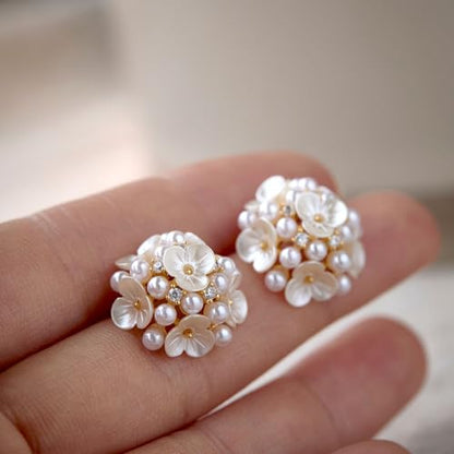 Clip-On Earrings for Womem Flower Faux Pearl Non Piercing Earrings Jewelry - color: Pearl and Flower Cluster