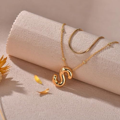 LUCA SMITH 2-Piece Initial Necklaces for Women, Dainty Balloon Bubble A-Z Letter Necklace Set, Name Letter Alphabet Pendant Layered Choker Necklaces Personalized Jewelry Gift - color: Gold bubble letter necklace, style: Initial Set-S