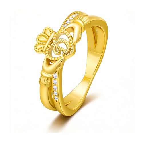 Gold Initial Crown Rings for Women Non Tarnish 14K Gold Plated Vintage Heart Thumb Rings Personalized Carved Anniversary Valentine's Day Gifts - color: Gold-D