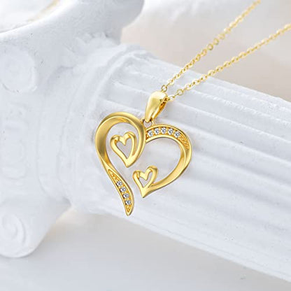 SISGEM 14K Real Gold Heart Necklace for Women,Yellow Gold Love Pendant Necklace Triple Hearts Jewerly Gifts for Birthday Anniversary 16+1+1 inch - color: Triple Hearts-2