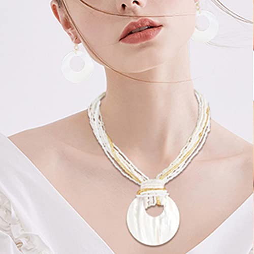 Coiris Multi Strand Statement Colorful Beaded Necklace with Big Circle Shell Pendant for Women - color: Natural