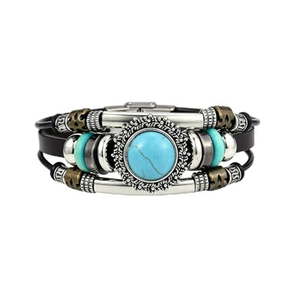 INENIMARTJ Western Turquoise Leather Wrap Bracelets for Men Women Boho Multilayer Turquoise Cuff Wrap Bracelet Western Bracelet Jewelry for Men and Woman - color: brown