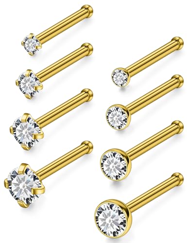 18G 20G 22G Titanium Stainless Surgical Steel Nose Rings Studs for Women L Shaped Nose Studs Screw Nose Ring Piercing Jewelry for Women Men Diamond CZ 1.5mm 2mm 2.5mm 3mm Silver Black Gold - style: 20g/Clear CZ/Straight/Gold