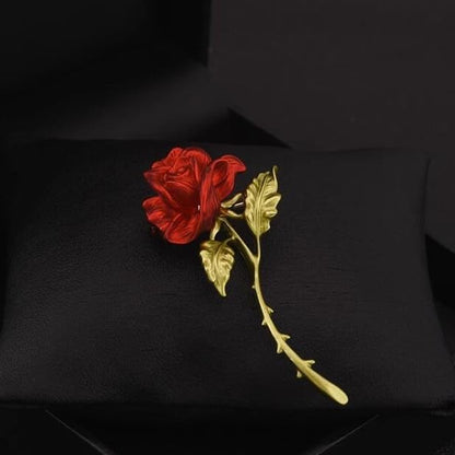 Rose Flower Brooch Pin for Women Fashion Dainty Gold Plated 3D Red Roses Floral Crystal Brooch Pin Birthday Dress Suit Accessories Jewelry - style: Long Rose
