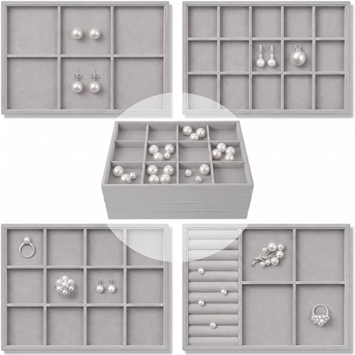 Unittype Set of 4 Stackable Jewelry Organizer Tray for Drawer Inserts Velvet Necklace Earring Bracelet Ring Holder Jewelry Display Storage Box for Bangle Stud Necklace Ring(Mixed Styles,Gray) - color: Gray, style: Mixed Styles