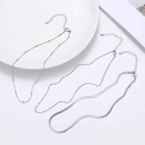 wgoud Gold Necklace for Women Waterproof,14K Real Gold Plated Herringbone Choker Necklace for Women Trendy, Dainty Gold Chain Necklaces Stack,Simple Layered Gold Necklaces for Women Jewelry Gifts - color: 3Pcs Silver Necklace B