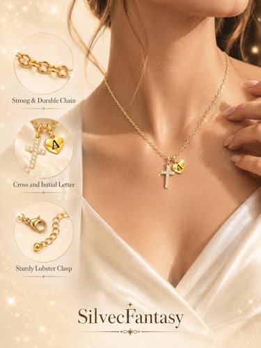 14K Gold Cross Necklace for Women Initial Letter Pendant Necklaces for Women, 14K Gold Dainty Simple Monogram Alphabet Necklace with Cable Chain, Birthday Gifts for Women - style: 14K Gold N