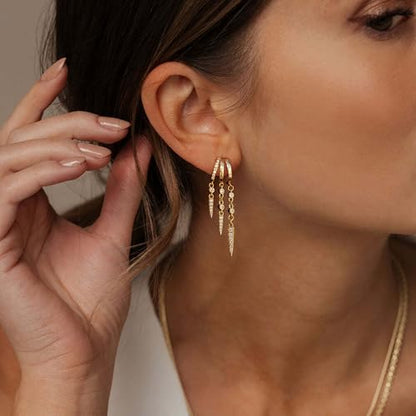 Dangle Earrings for Women,14k Gold Plated Triple Huggie Stud Earrings Cute Statement Chain Earring Dainty Drop Earrings for Women Trendy Gold Plated Jewelry - color: dangle3-Gold