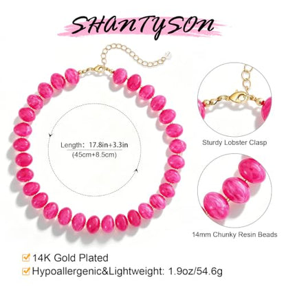 Colorful Chunky Beaded Necklaces for Women Multicolor Large Round Resin Beads Collar Necklace Boho Trendy Statement Chokers Y2K Summer Beach Jewelry - color: Hot Pink-Oval