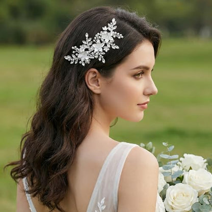 SWEETV Wedding Hair Clip for Brides Comb Bridal Hair Accessories Headpiece | Silver Handmade Flower Pearl Hair Comb Rhinestone Leaf Bridal Headpiece, Crystal Wedding Hair Pieces Brides Bridesmaids Women - color: Silver