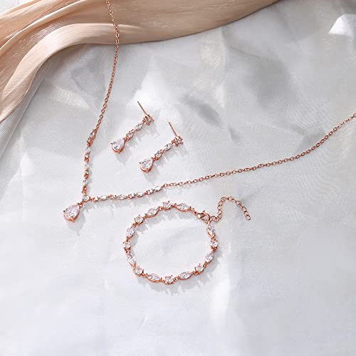Teardrop Marquise Cubic Zirconia Wedding Prom Jewelry Set for Women Bridal | Silver/Gold/Rose Gold Plated, Pear Cut Pendant Necklace Drop Earrings Link Bracelet, for Bride Bridesmaid, for Banquet Party - style: B_Three Set, Rose Gold (Teardrop)