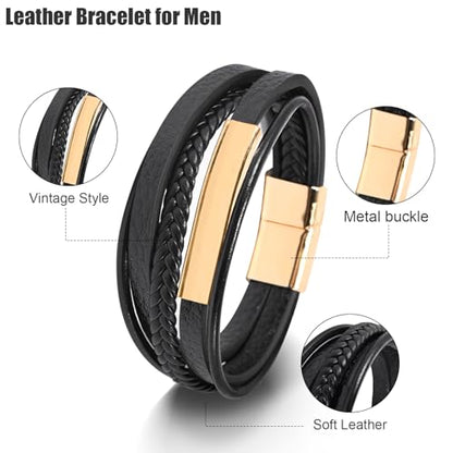Leather Bracelet for Men Braided Stainless Steel Mens Bracelets - color: Gold