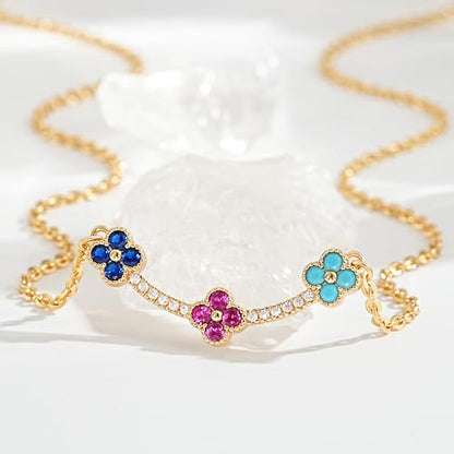 Fettero Dainty 14K Gold Plated Cubic Zirconia Necklaces for Women, Simple Bar Pendant Necklace, Mix-color Rainbow Jewelry Gold Necklace for Women Trendy Gifts - style: Clover