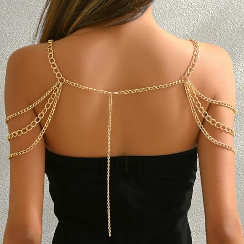 Gold Body Chain Shoulder Necklace Body Chain Layered Tassel Shoulder Chain for Festival Party Bridal Wedding Body Jewelry