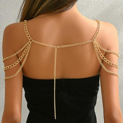 Gold Body Chain Shoulder Necklace Body Chain Layered Tassel Shoulder Chain for Festival Party Bridal Wedding Body Jewelry