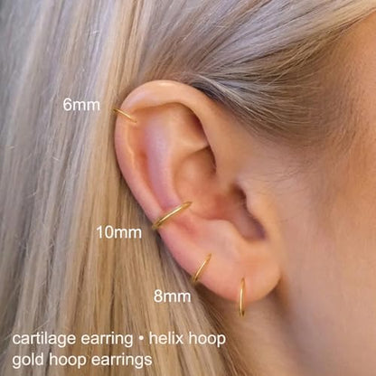 Small Gold Hoop Earrings, Lightweight 14K Gold Plated Huggie Hoop Earrings for Cartilage Helix Tragus, Hypoallergenic Earrings for Women Men, Tiny Thin Hoops Surgical Steel Endless Hoops Earrings 6-10 mm - color: 20G-(0.8X6/8/10mm)-Gold