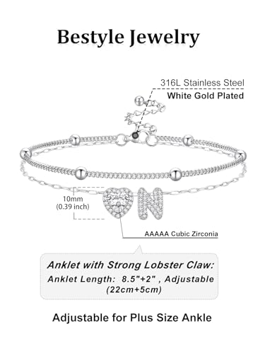 Bestyle Initial Anklet Bracelets for Women Waterproof Non Tarnish 14K Gold/White Gold Plated CZ Anklets for Women Dainty Layered Letter Heart Ankle Bracelets Adjustable Foot Chain Anklet - color: N